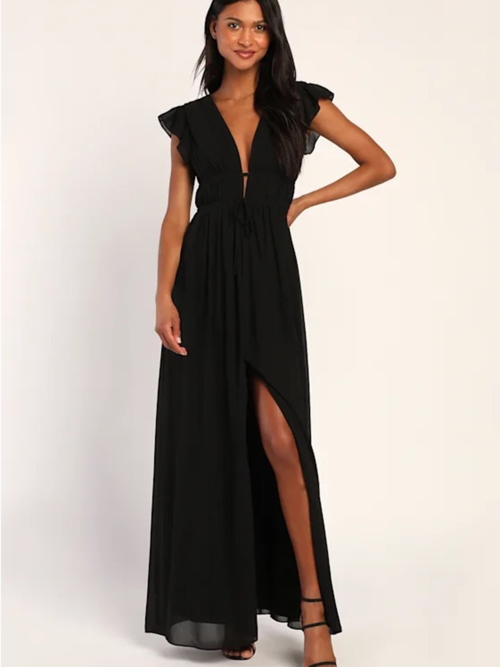 Lulu's Black Maxi Dress with Deep V and High Slit